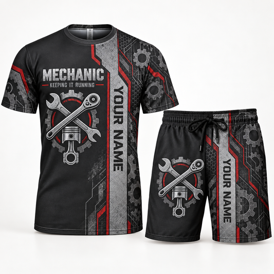 Personalized mechanic t-shirt and shorts set with split texture occupational artwork.