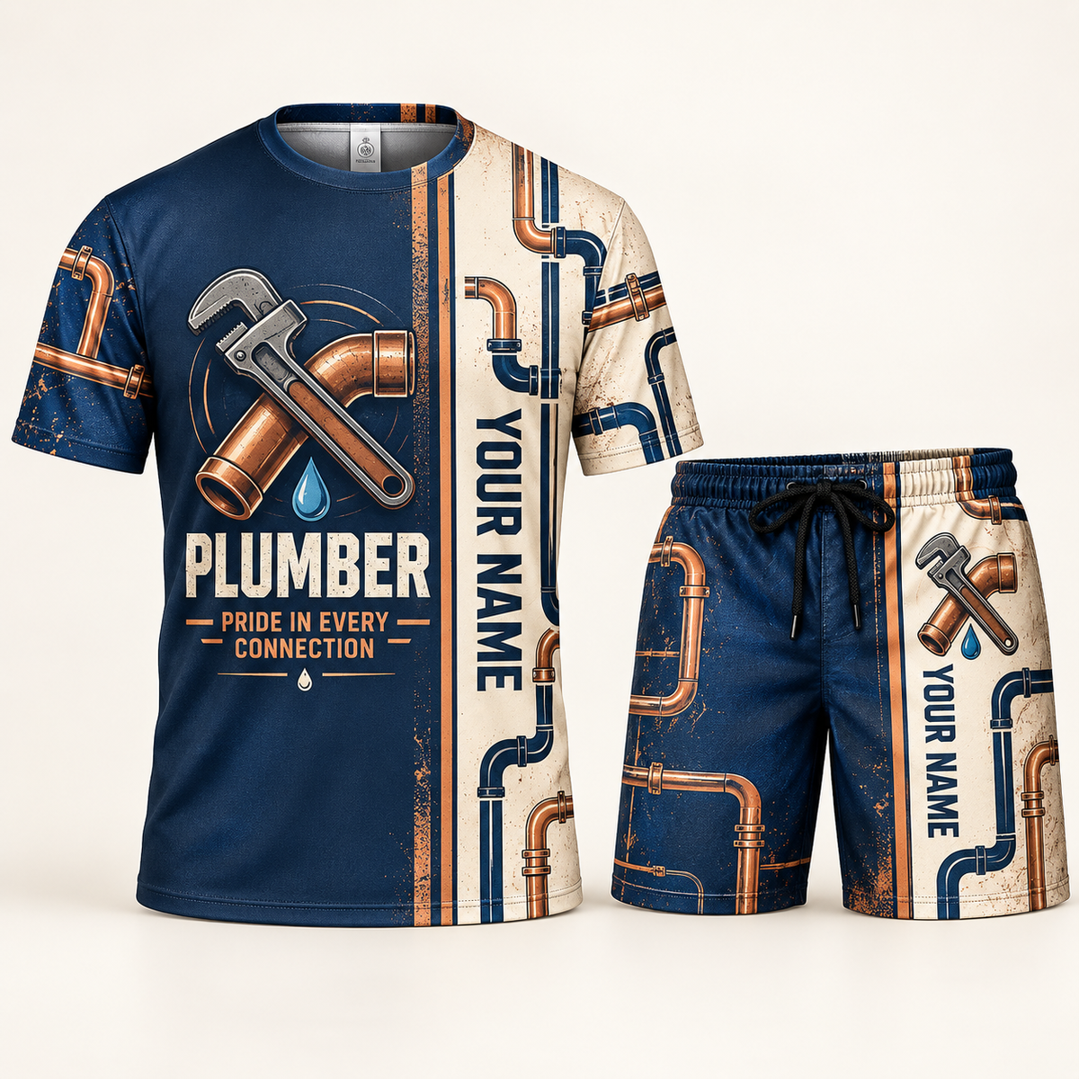 Personalized plumber t-shirt and shorts set with split texture occupational artwork.