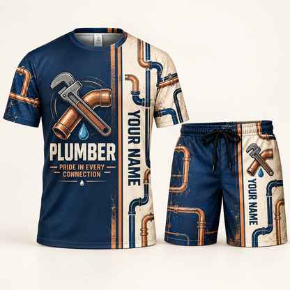 Personalized plumber t-shirt and shorts set with split texture occupational artwork.