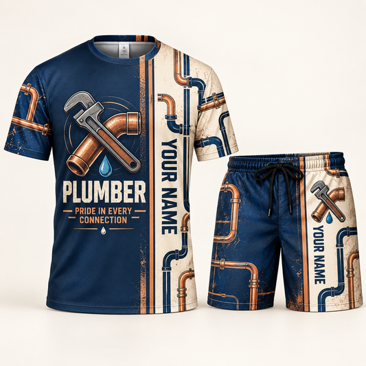 Personalized plumber t-shirt and shorts set with split texture occupational artwork.