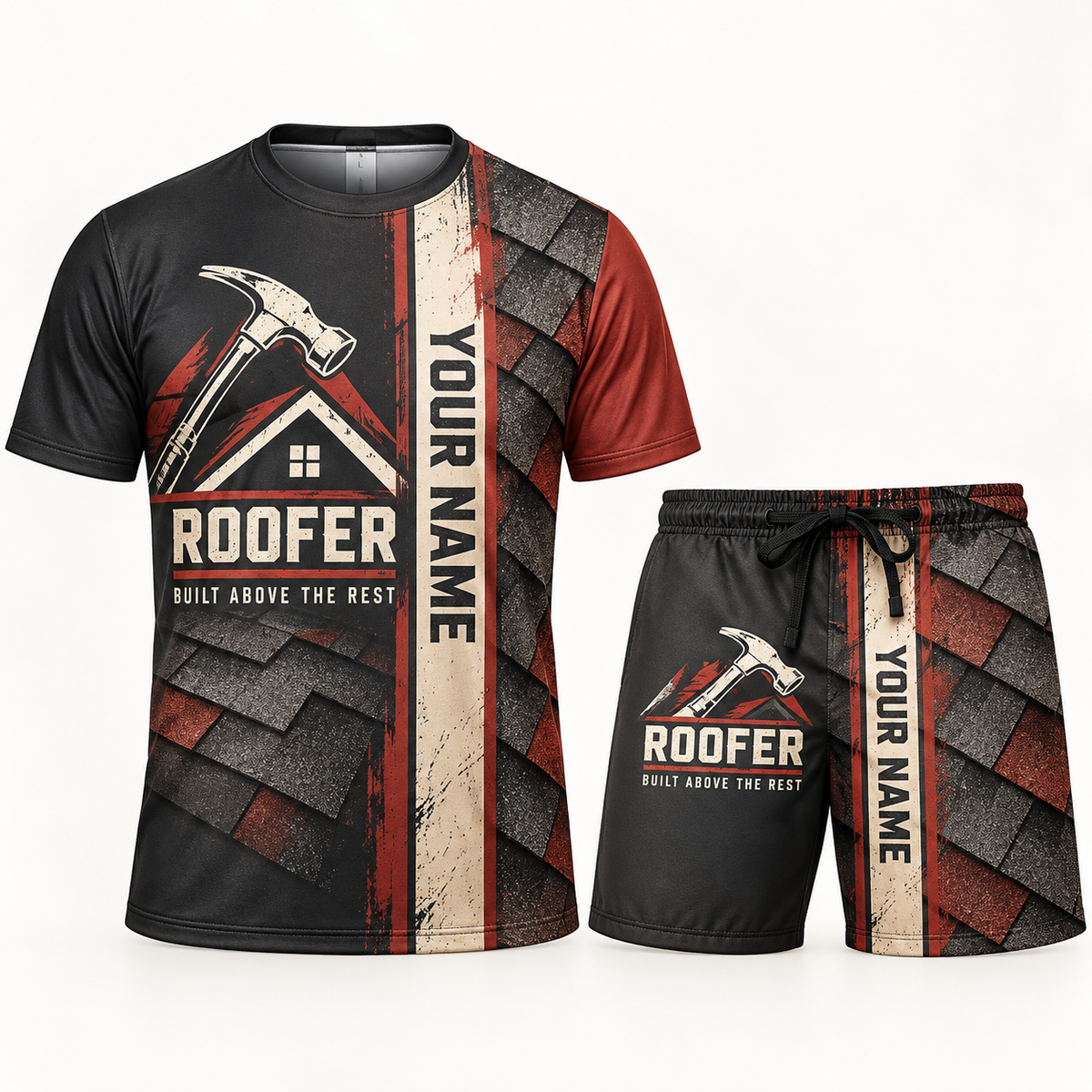 Personalized roofer t-shirt and shorts set with split texture occupational artwork.