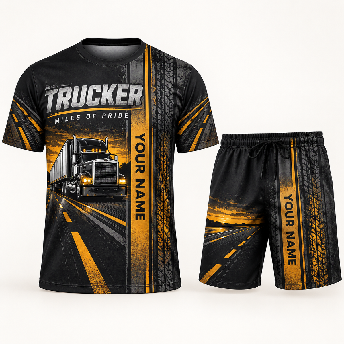 Personalized trucker t-shirt and shorts set with split texture occupational artwork.