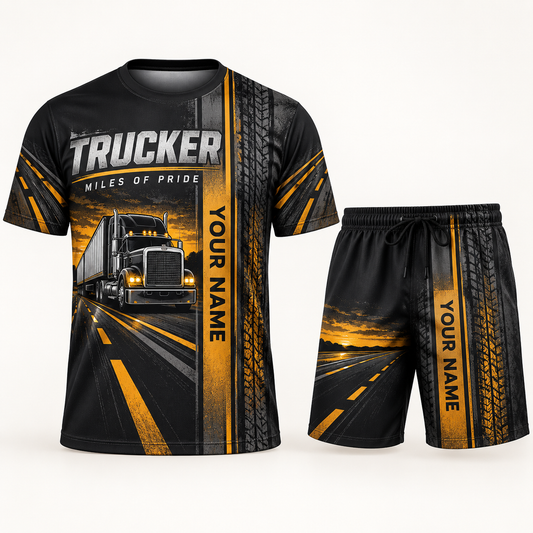 Personalized trucker t-shirt and shorts set with split texture occupational artwork.