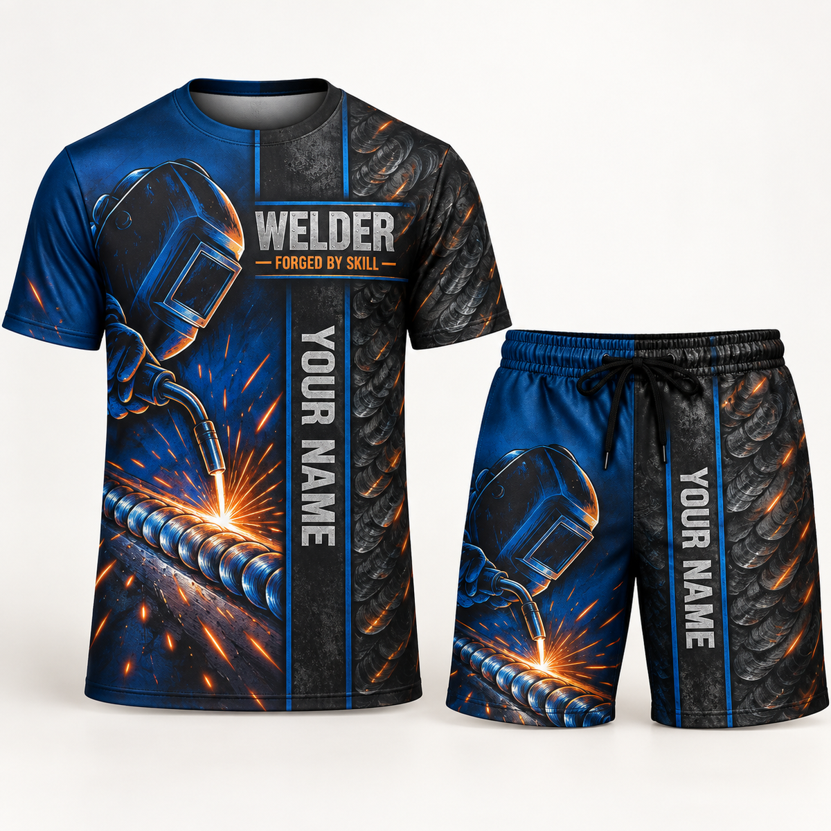 Personalized welder t-shirt and shorts set with split texture occupational artwork.