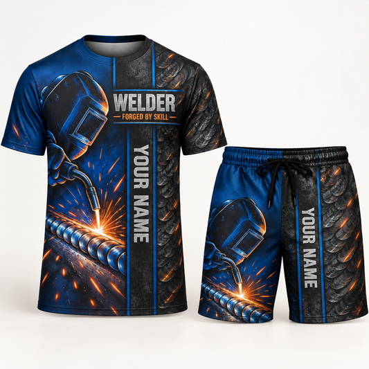 Personalized welder t-shirt and shorts set with split texture occupational artwork.