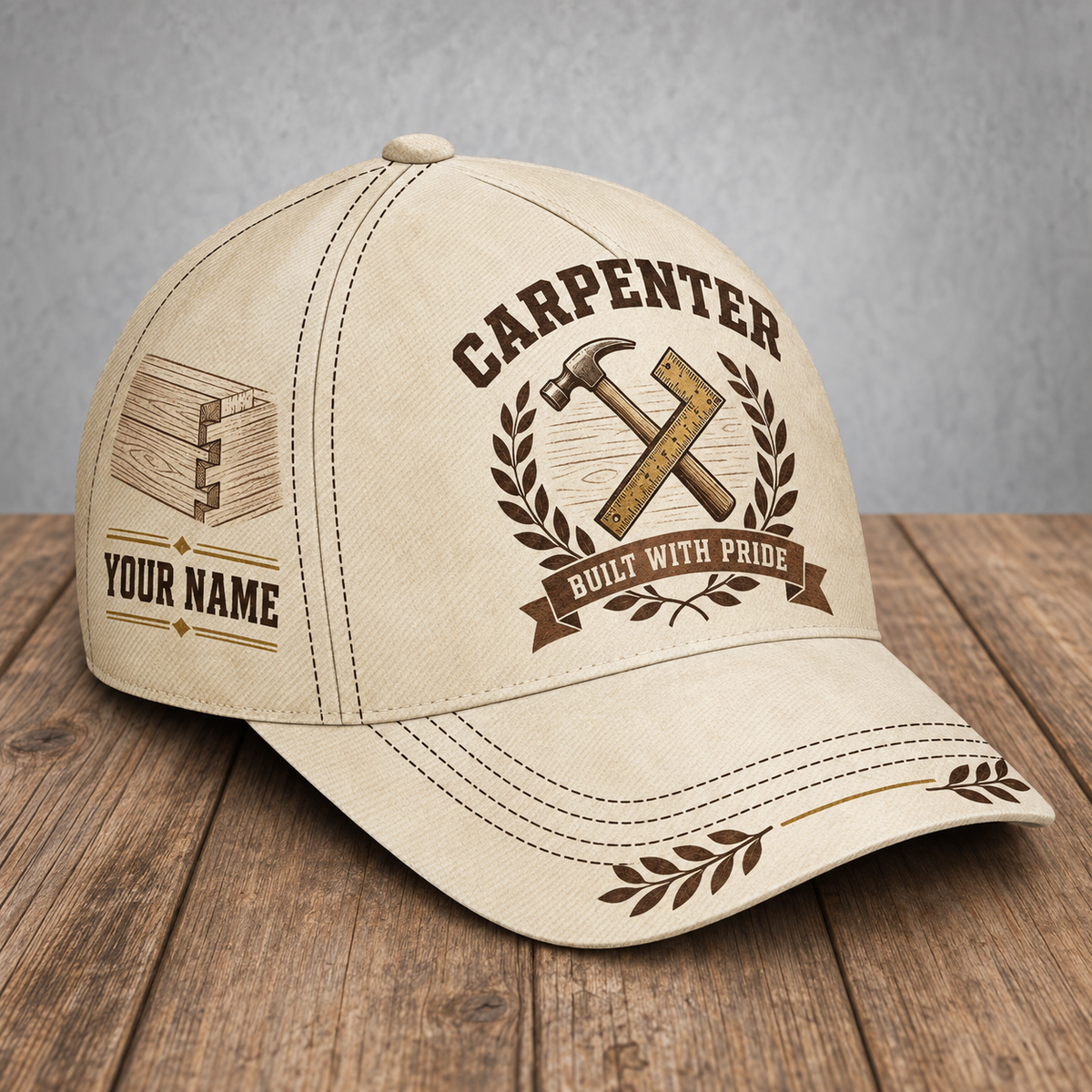Personalized carpenter baseball cap with vintage laurel occupational artwork.