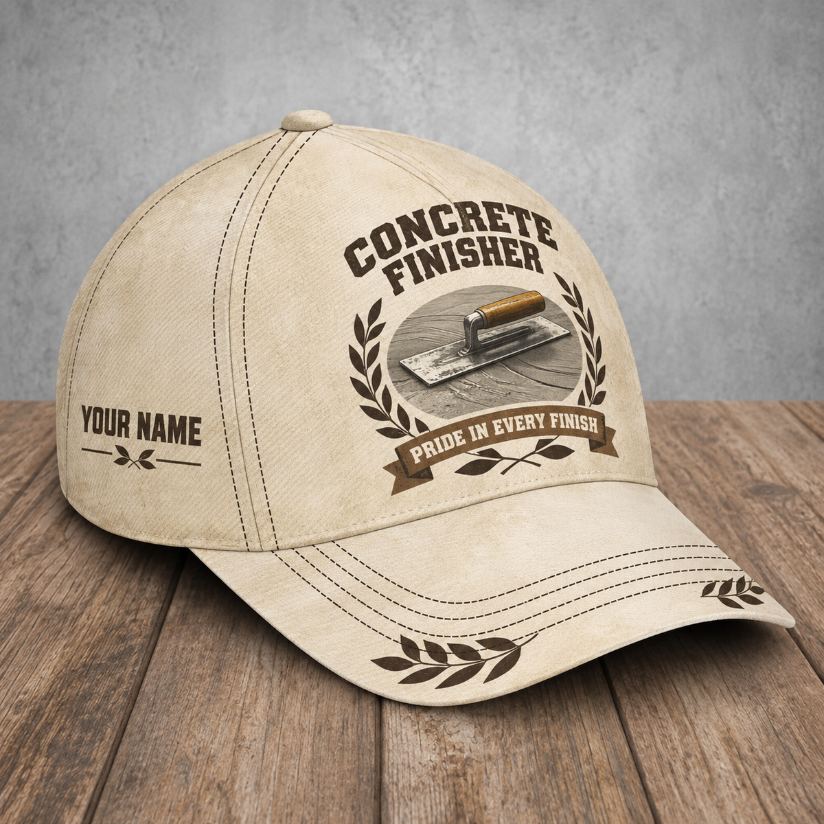 Personalized concrete finisher baseball cap with vintage laurel occupational artwork.