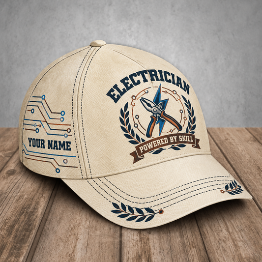 Personalized electrician baseball cap with vintage laurel occupational artwork.