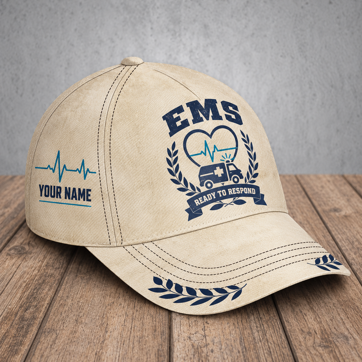Personalized ems baseball cap with vintage laurel occupational artwork.