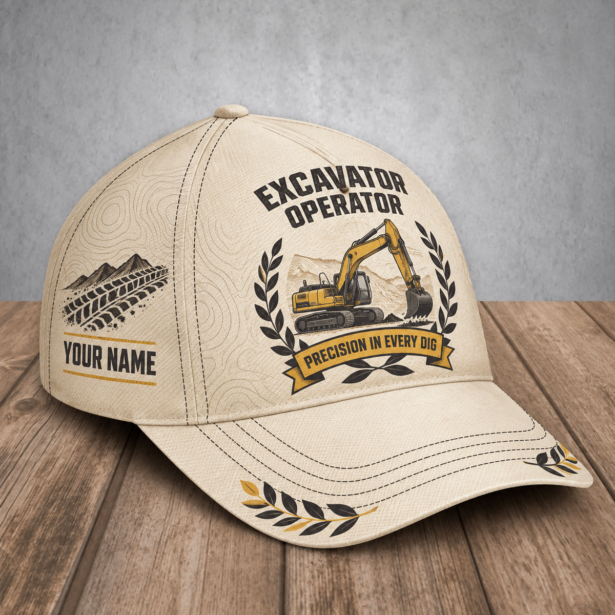 Personalized excavator operator baseball cap with vintage laurel occupational artwork.