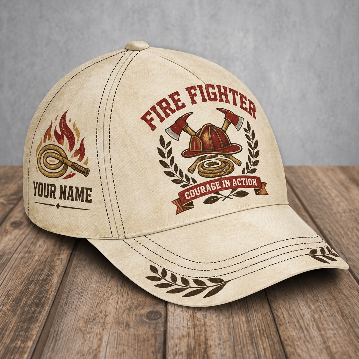Personalized fire fighter baseball cap with vintage laurel occupational artwork.