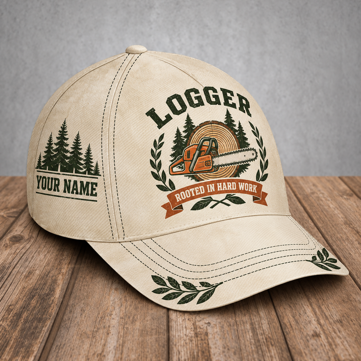 Personalized logger baseball cap with vintage laurel occupational artwork.