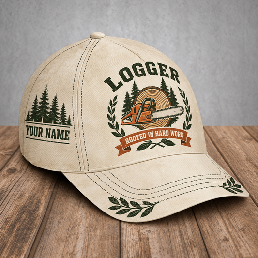 Personalized logger baseball cap with vintage laurel occupational artwork.