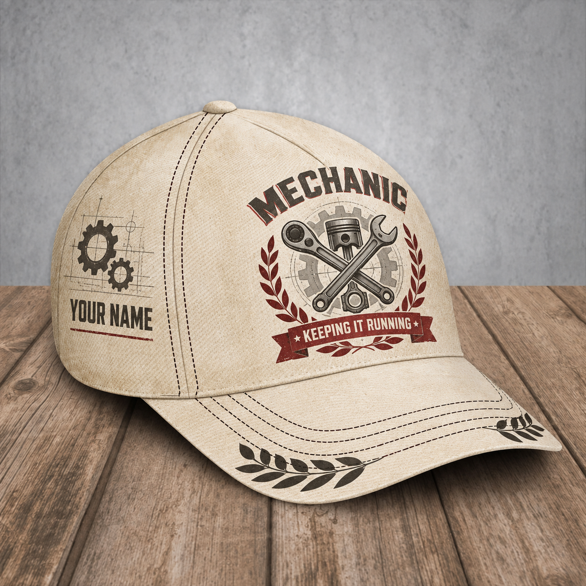 Personalized mechanic baseball cap with vintage laurel occupational artwork.