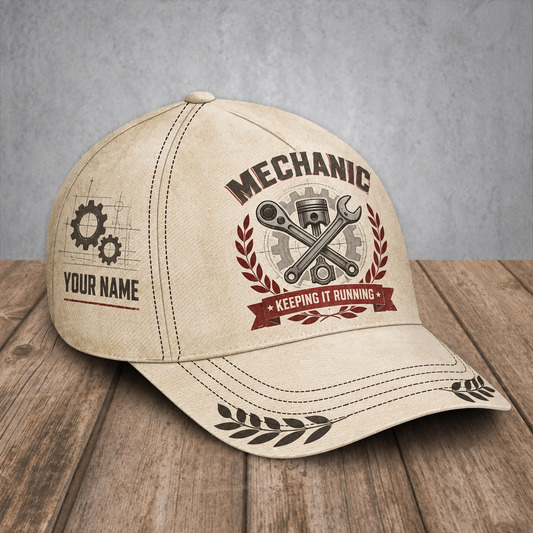 Personalized mechanic baseball cap with vintage laurel occupational artwork.