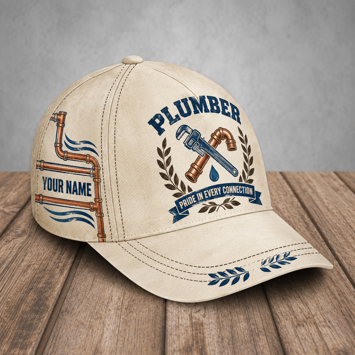 Personalized plumber baseball cap with vintage laurel occupational artwork.
