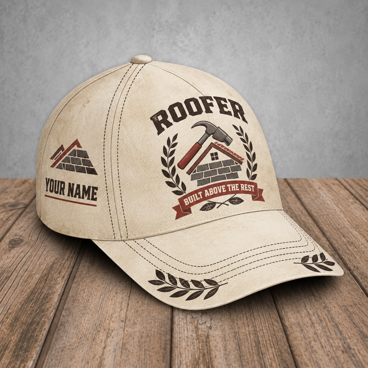 Personalized roofer baseball cap with vintage laurel occupational artwork.