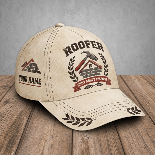 Personalized roofer baseball cap with vintage laurel occupational artwork.