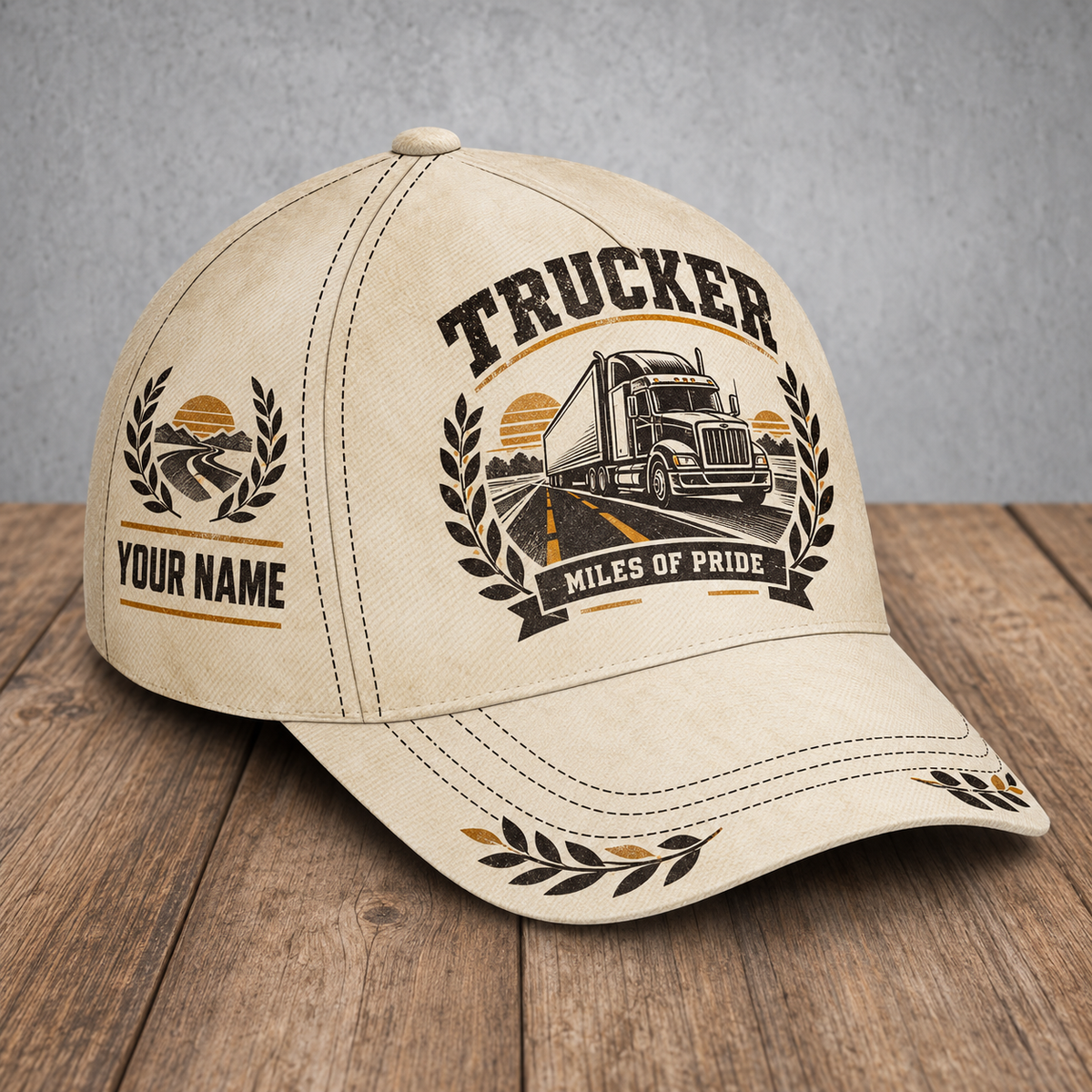 Personalized trucker baseball cap with vintage laurel occupational artwork.