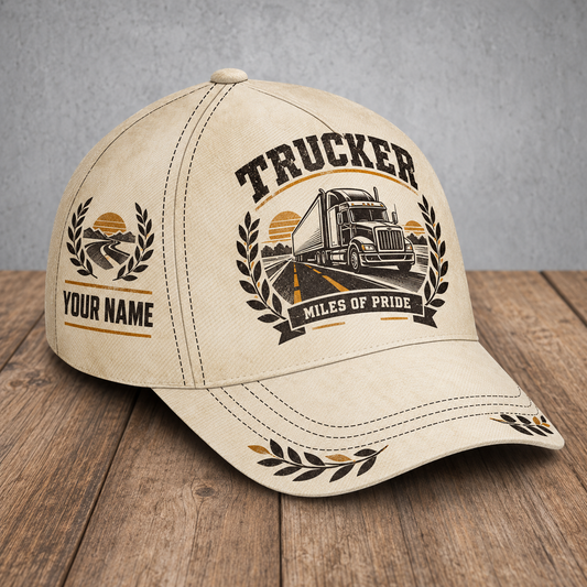 Personalized trucker baseball cap with vintage laurel occupational artwork.