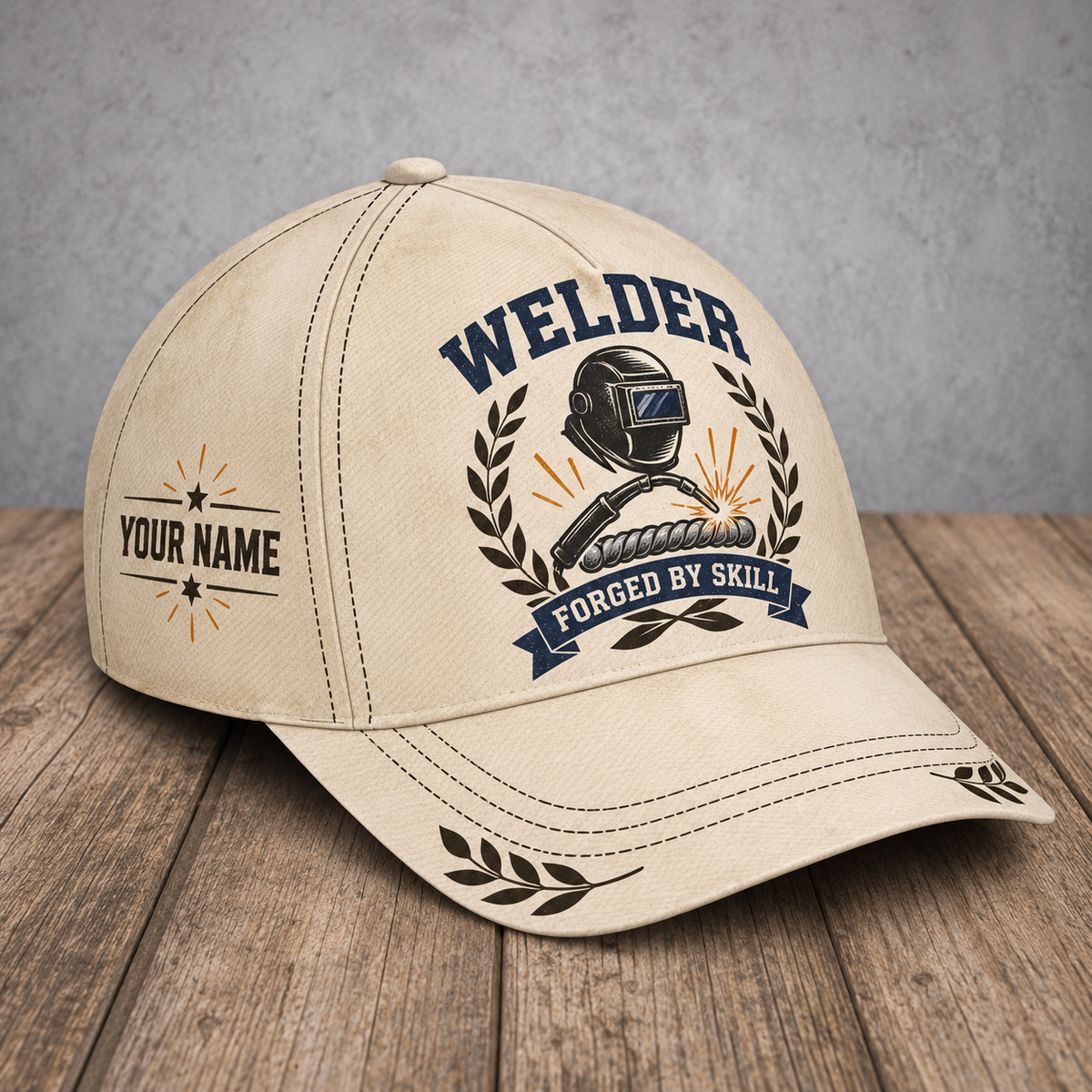 Personalized welder baseball cap with vintage laurel occupational artwork.