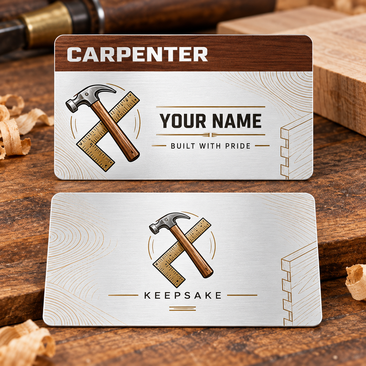 Personalized carpenter aluminum wallet card with signature stripe occupational artwork.