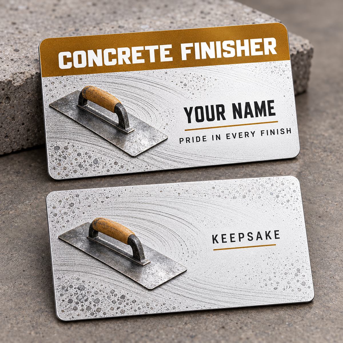 Personalized concrete finisher aluminum wallet card with signature stripe occupational artwork.