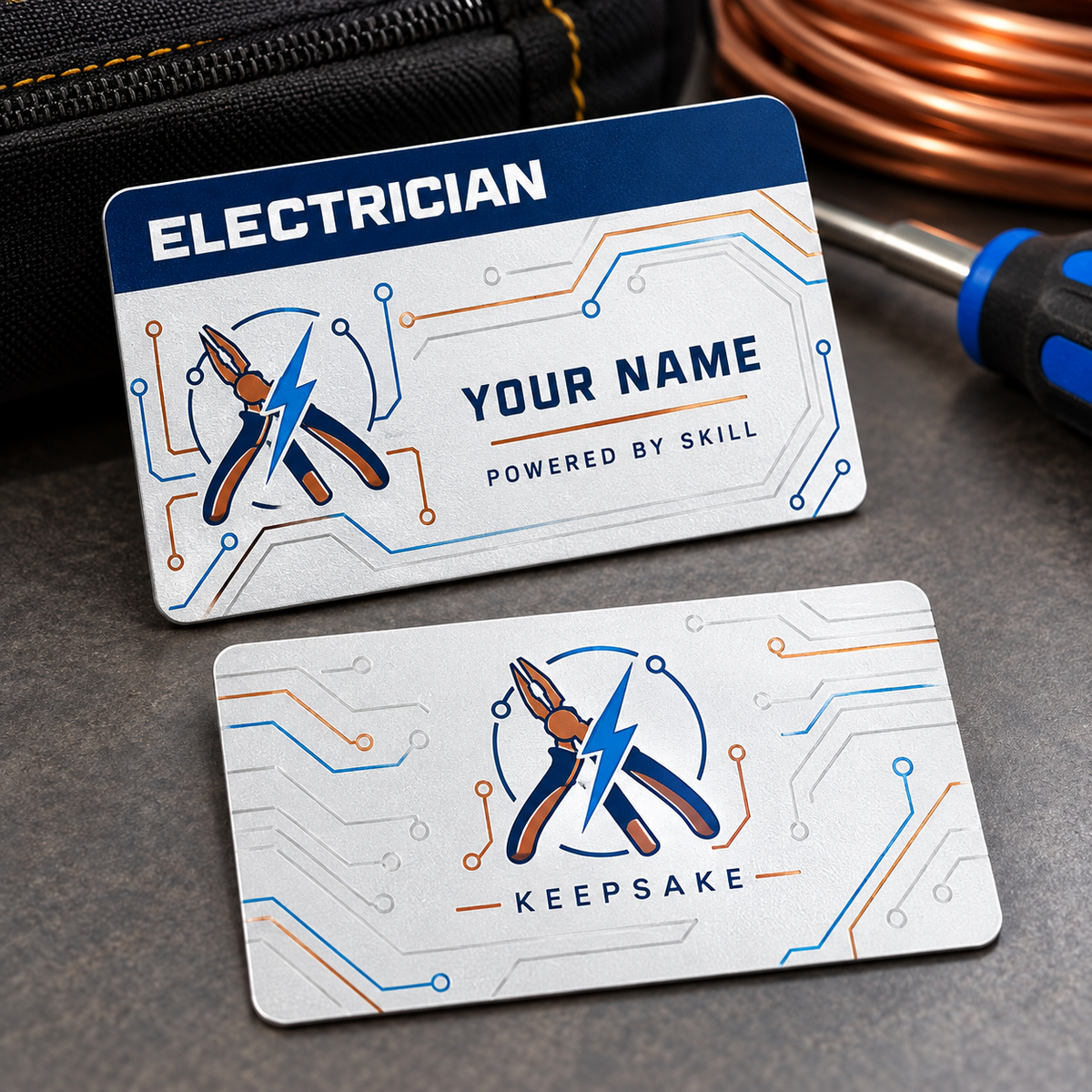 Personalized electrician aluminum wallet card with signature stripe occupational artwork.
