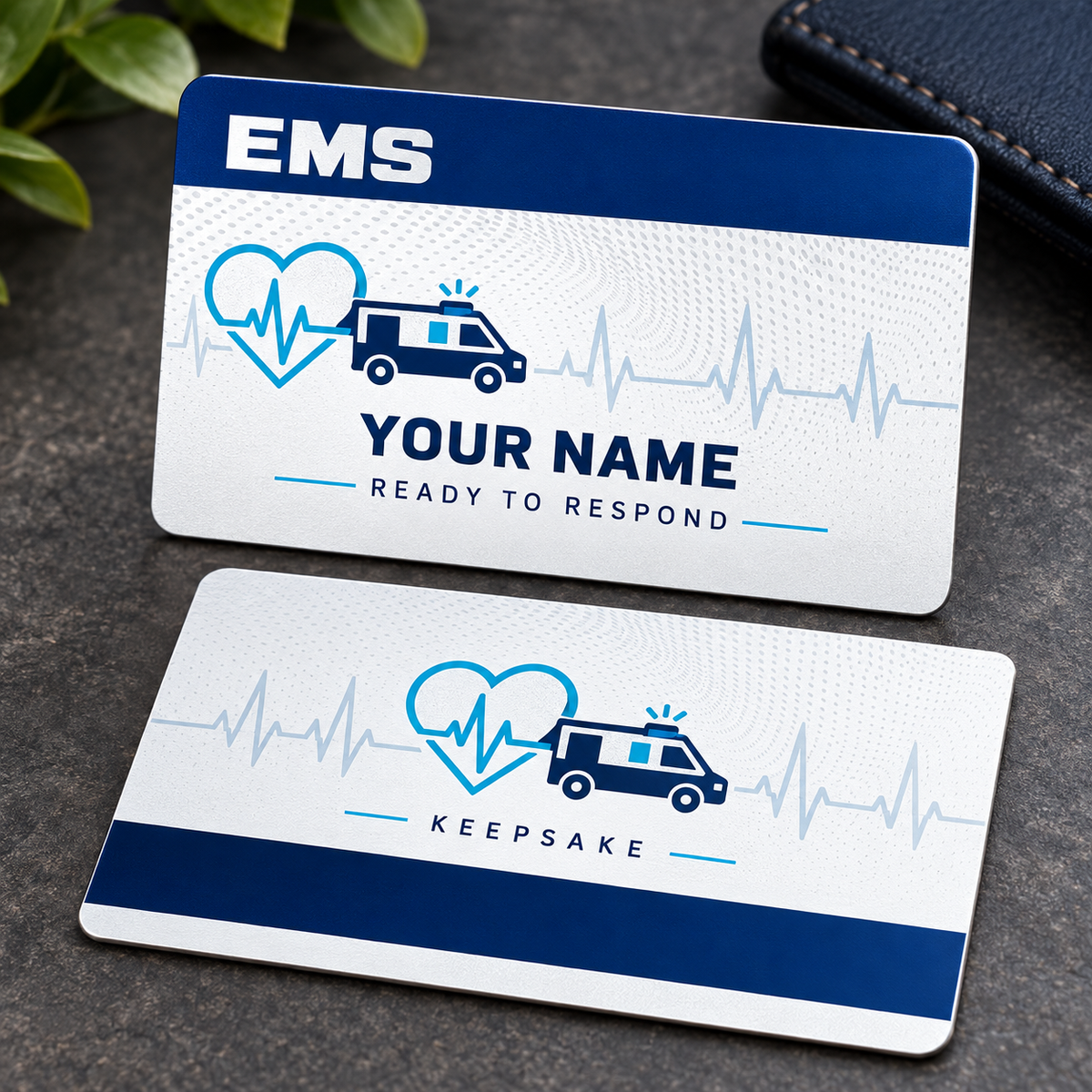 Personalized ems aluminum wallet card with signature stripe occupational artwork.