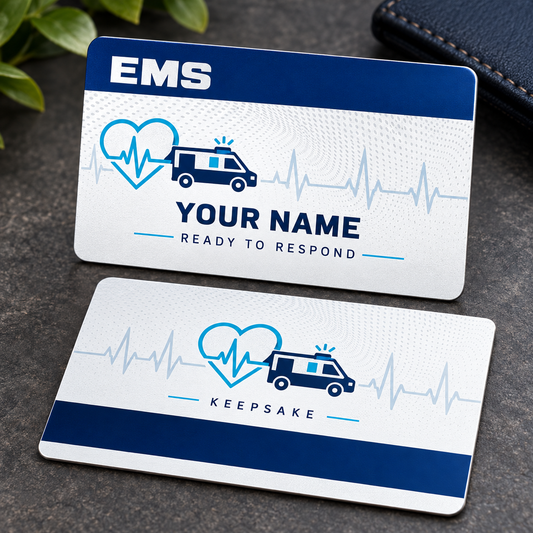 Personalized ems aluminum wallet card with signature stripe occupational artwork.