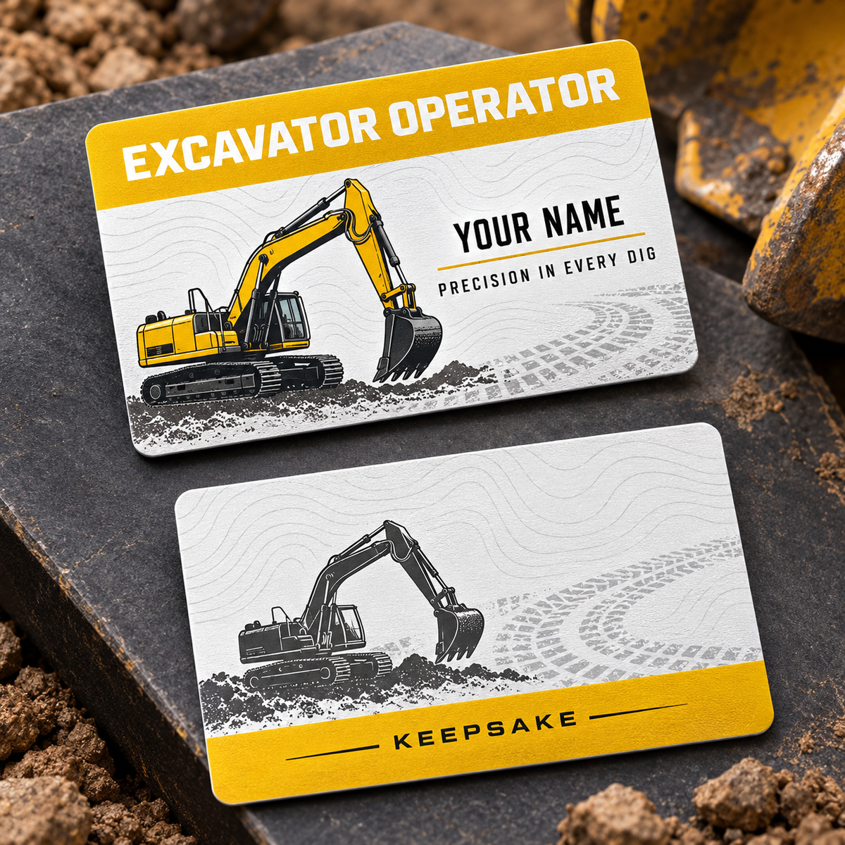 Personalized excavator operator aluminum wallet card with signature stripe occupational artwork.