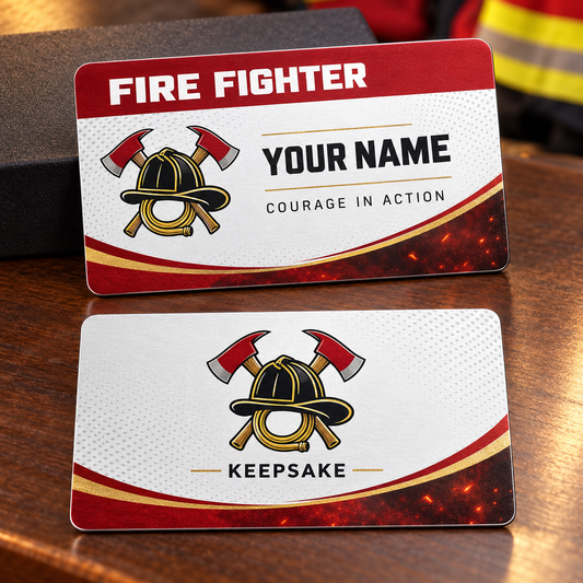 Personalized fire fighter aluminum wallet card with signature stripe occupational artwork.