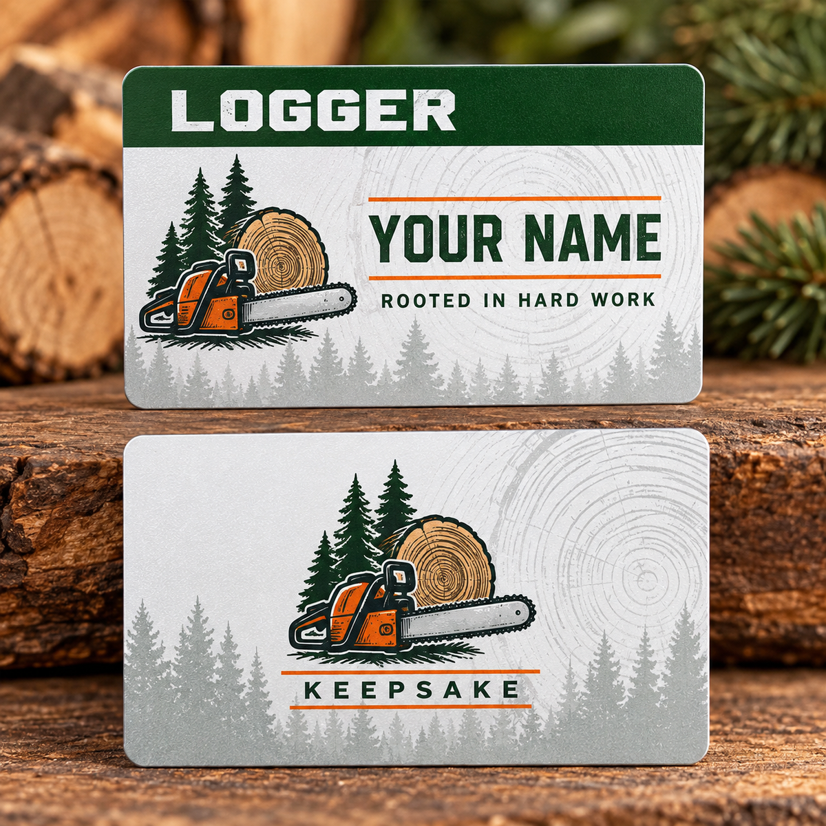 Personalized logger aluminum wallet card with signature stripe occupational artwork.