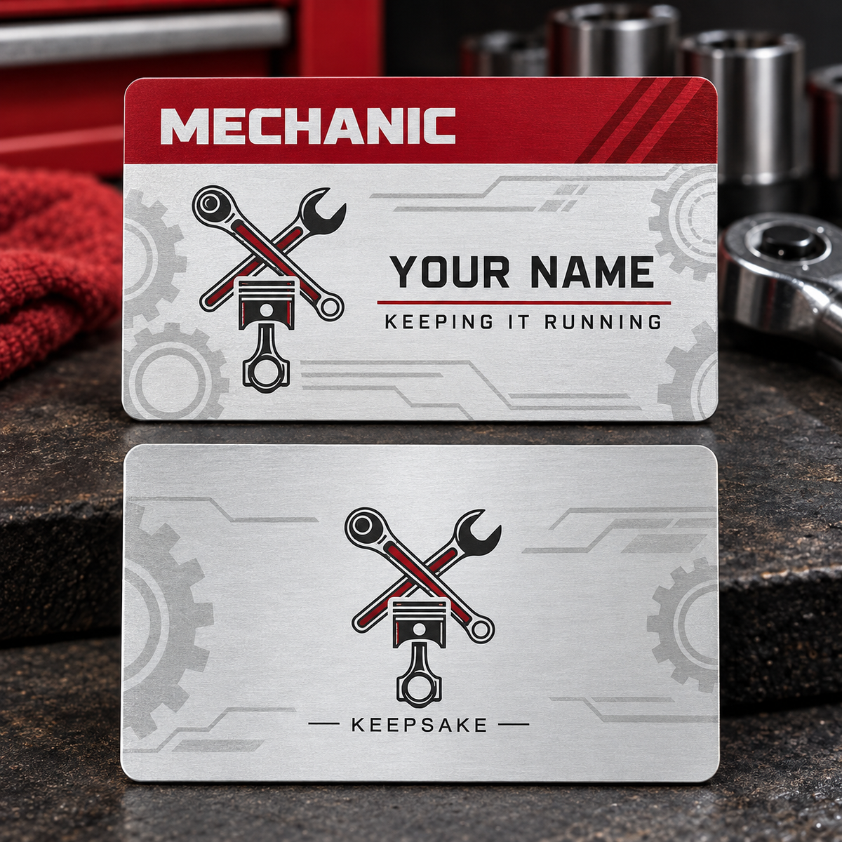 Personalized mechanic aluminum wallet card with signature stripe occupational artwork.