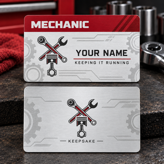 Personalized mechanic aluminum wallet card with signature stripe occupational artwork.