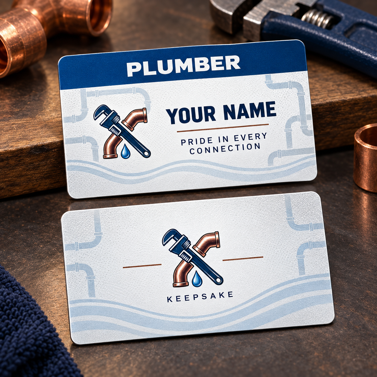 Personalized plumber aluminum wallet card with signature stripe occupational artwork.