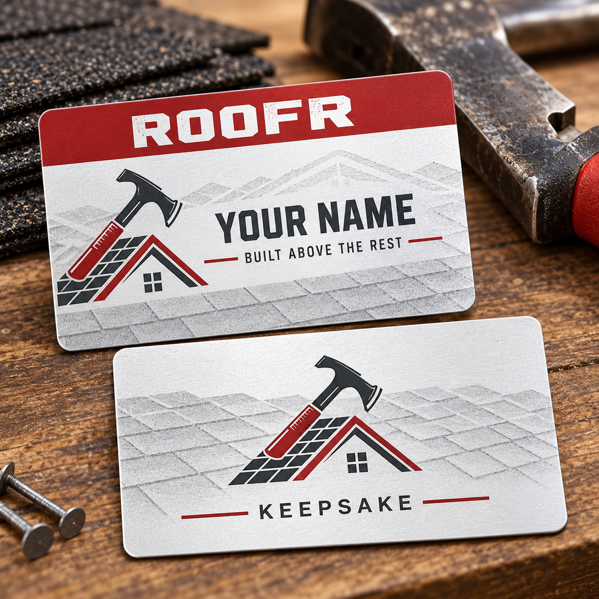 Personalized roofer aluminum wallet card with signature stripe occupational artwork.