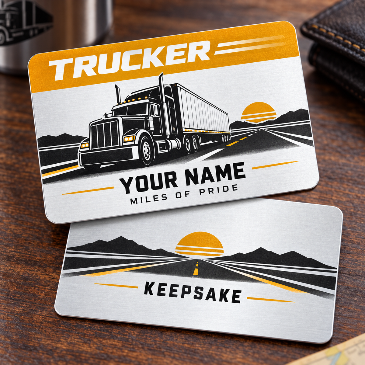 Personalized trucker aluminum wallet card with signature stripe occupational artwork.