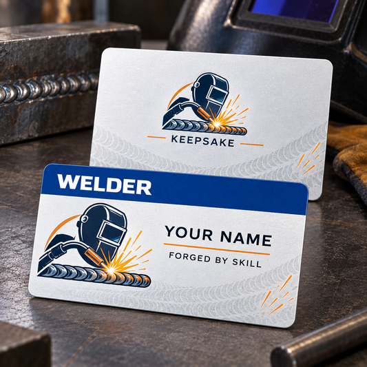 Personalized welder aluminum wallet card with signature stripe occupational artwork.