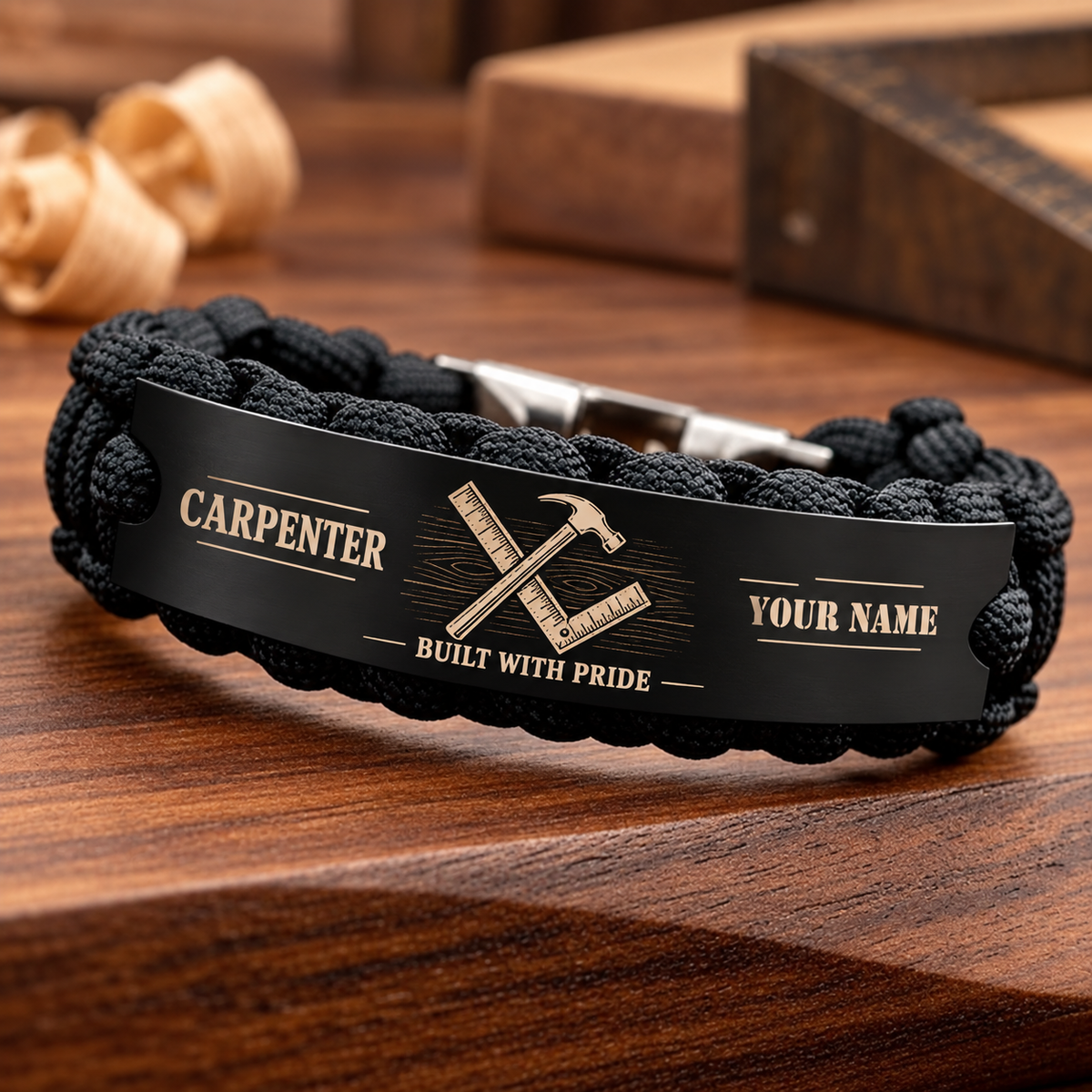 Personalized carpenter braided bracelet with crew bond occupational artwork.