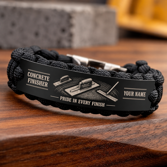 Personalized concrete finisher braided bracelet with crew bond occupational artwork.