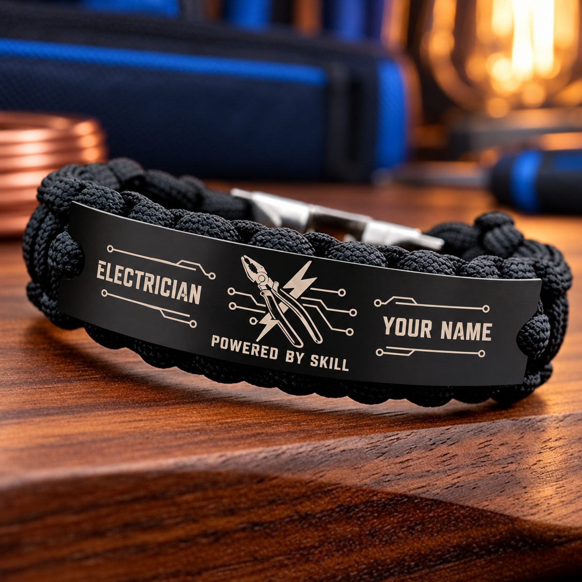 Personalized electrician braided bracelet with crew bond occupational artwork.