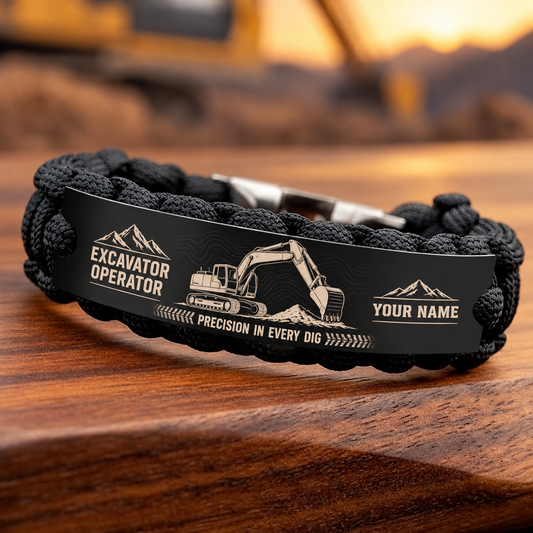 Personalized excavator operator braided bracelet with crew bond occupational artwork.