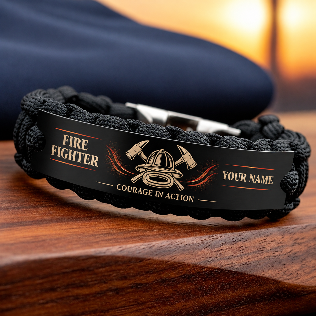 Personalized fire fighter braided bracelet with crew bond occupational artwork.
