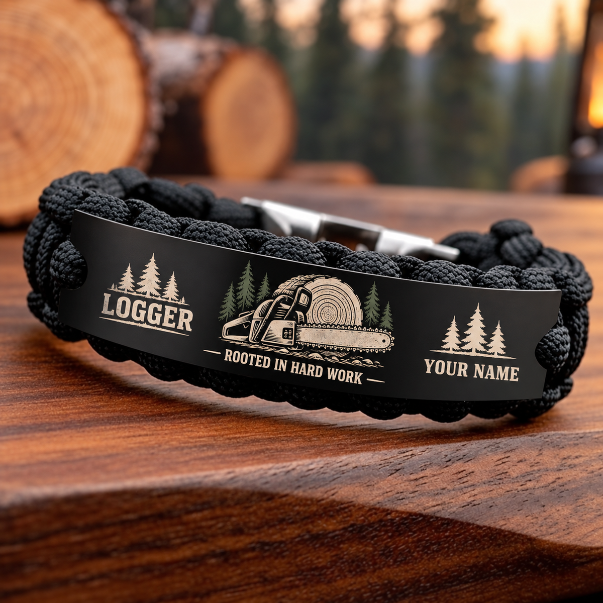 Personalized logger braided bracelet with crew bond occupational artwork.