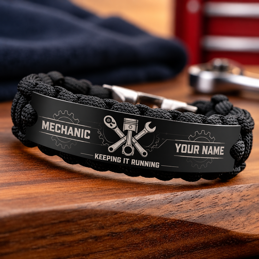 Personalized mechanic braided bracelet with crew bond occupational artwork.