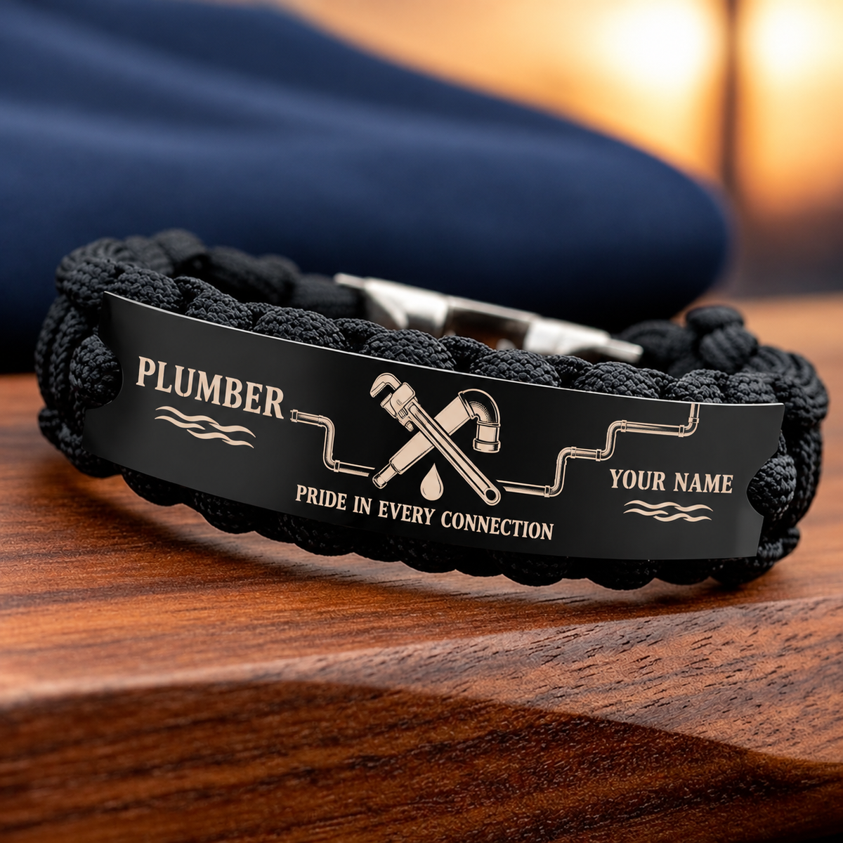 Personalized plumber braided bracelet with crew bond occupational artwork.