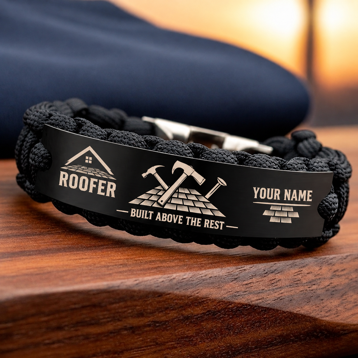 Personalized roofer braided bracelet with crew bond occupational artwork.
