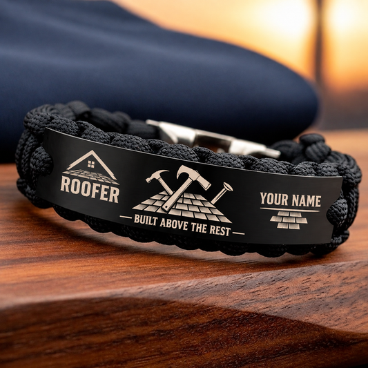 Personalized roofer braided bracelet with crew bond occupational artwork.