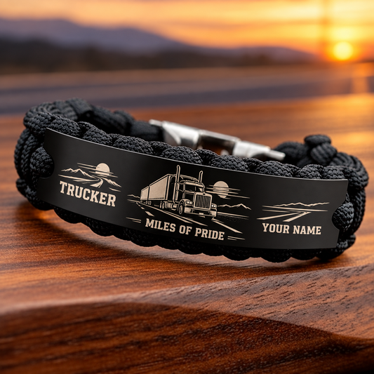 Personalized trucker braided bracelet with crew bond occupational artwork.